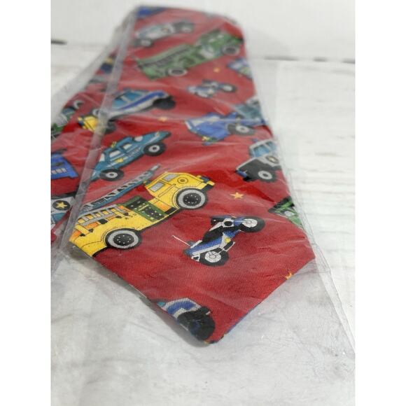 Mango Man Mens Tie Handcrafted in USA Red with Assorted Vehicles - Picture 1 of 3